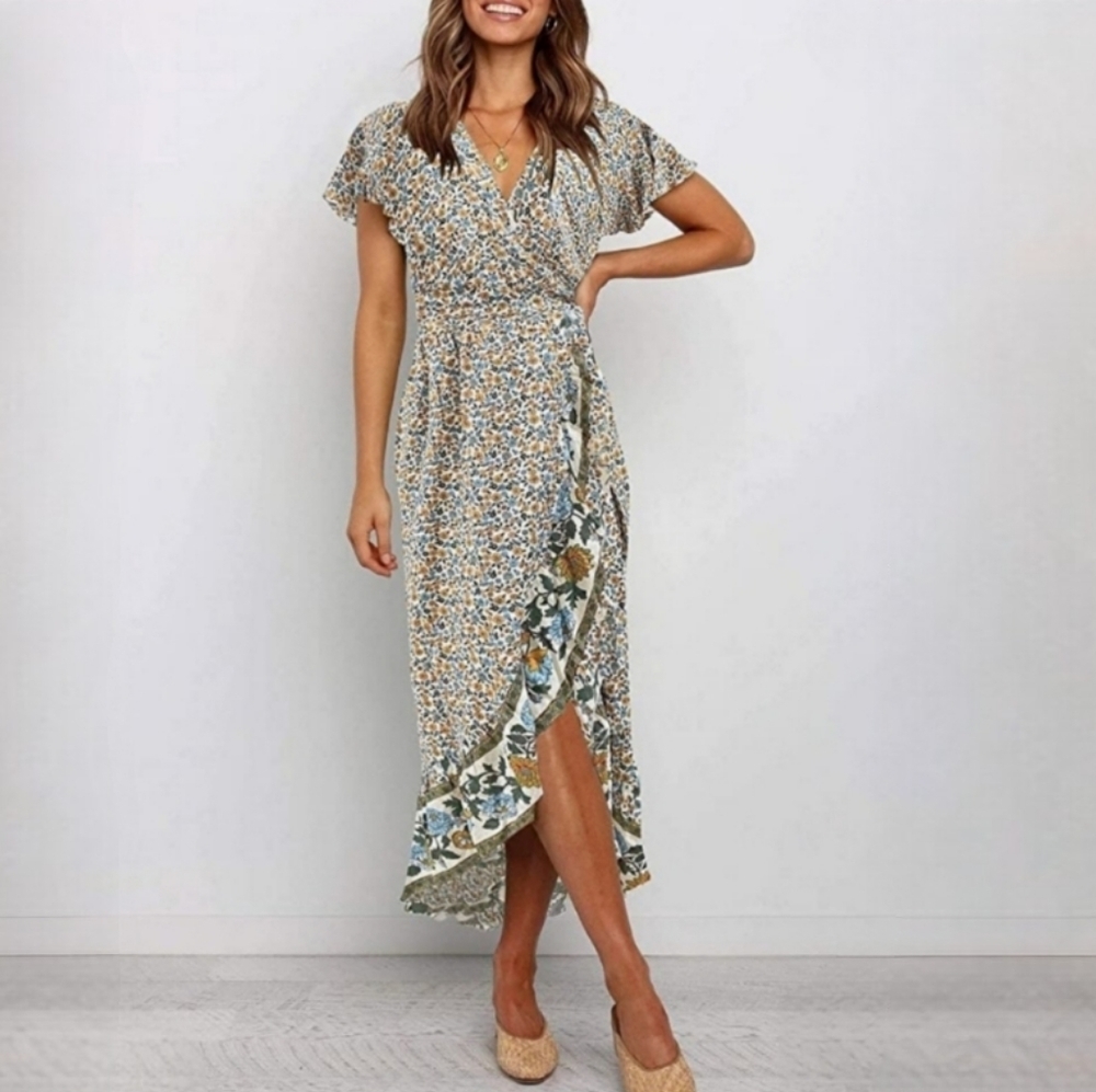 ZESICA Summer Boho Floral Printed Wrap V-Neck Beach Party Flowy Size Small - Picture 3 of 16